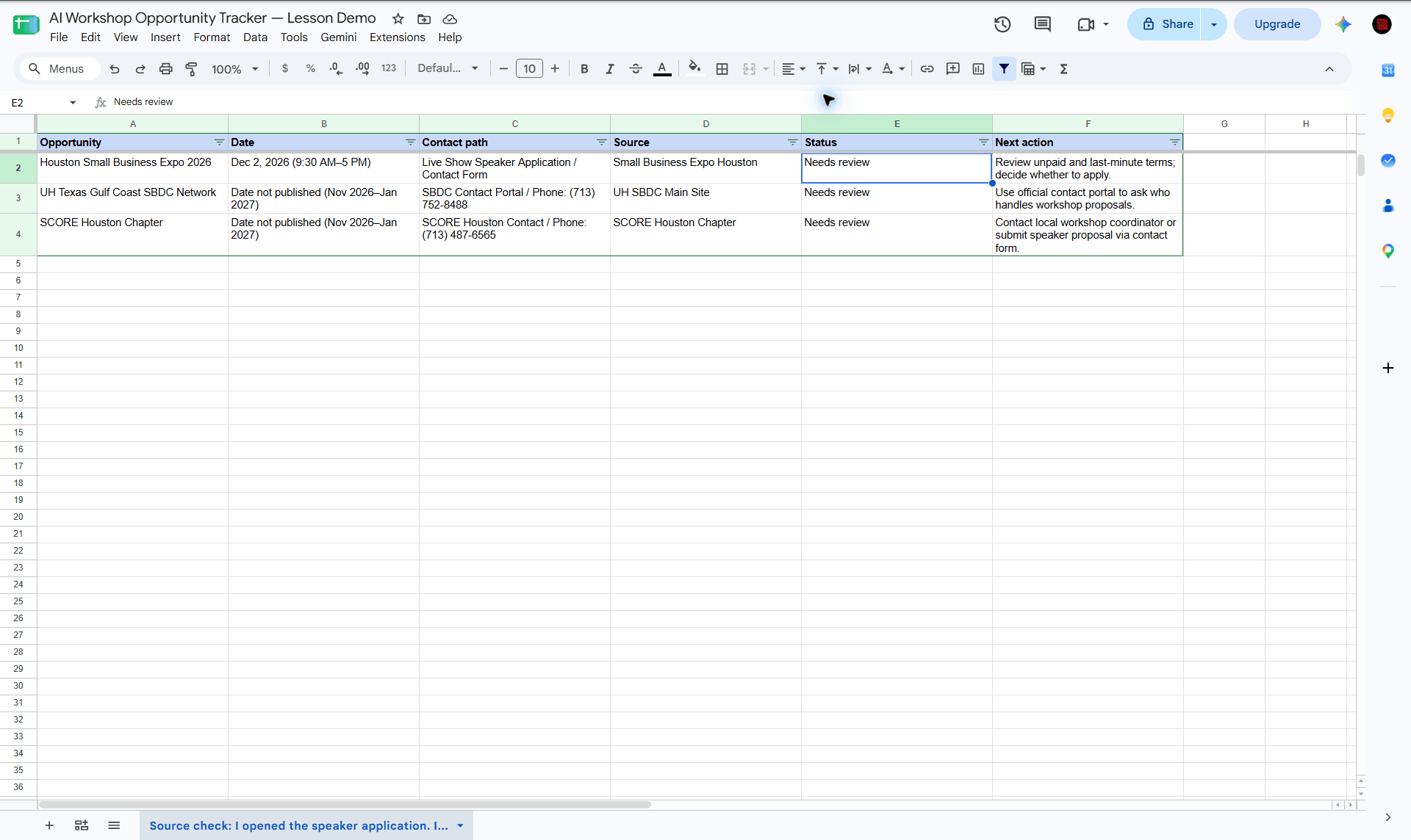 An opportunity tracker created with Gemini and Google Sheets