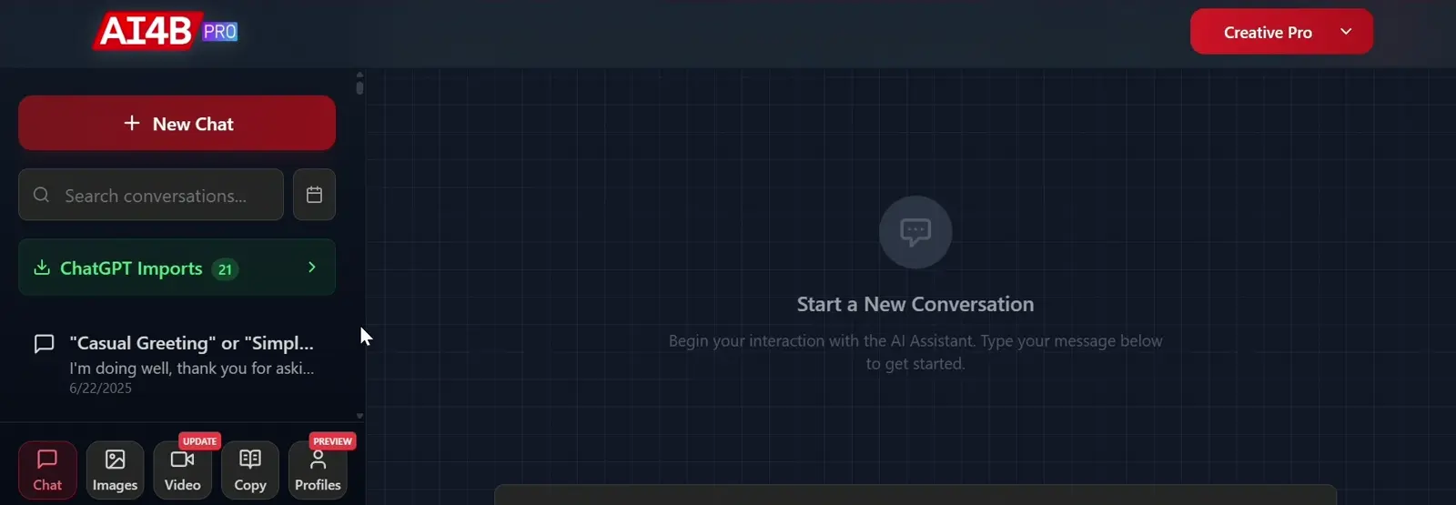 The AI for Business workspace Ian built, with chat and creative tools