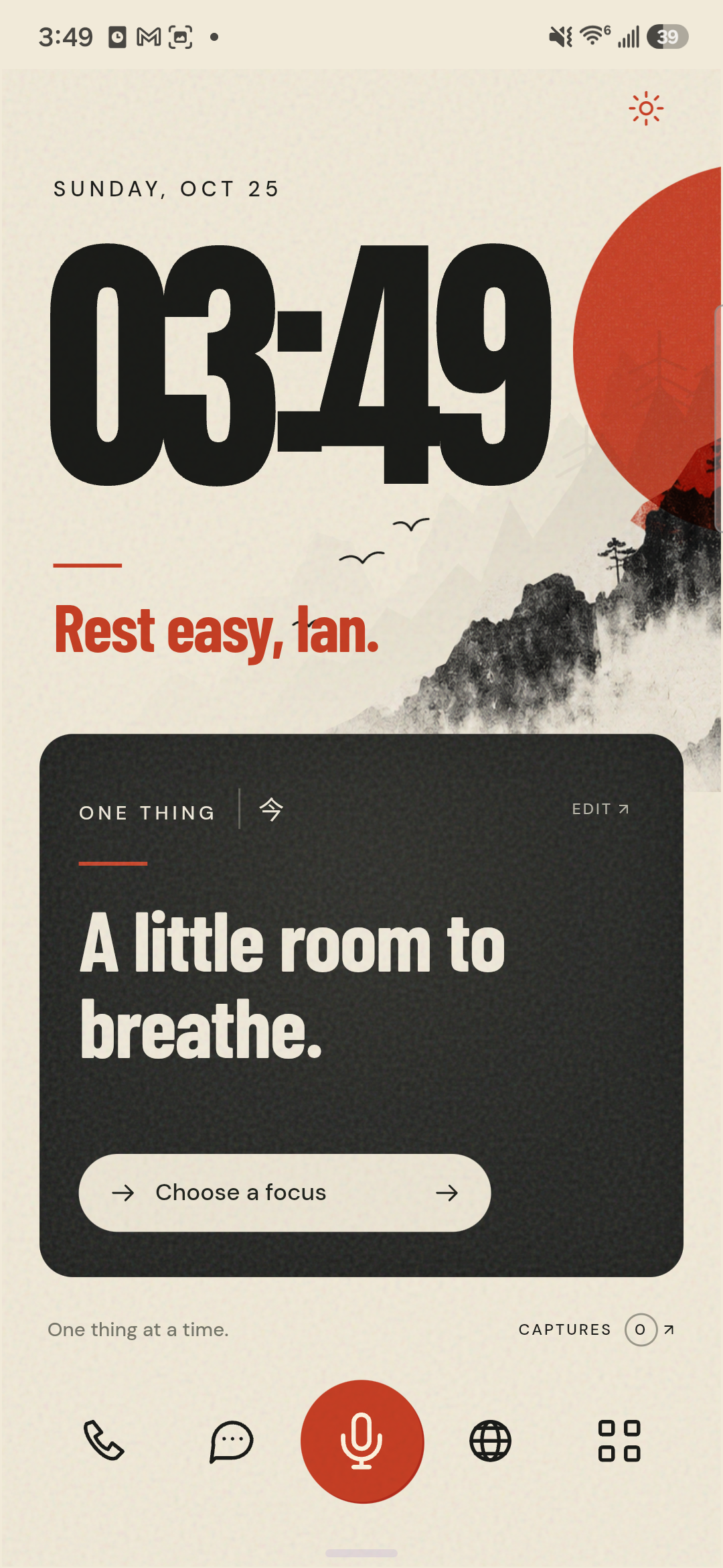 The S24 Paper and Ink example with a clock, one focus card, and a simple app dock.